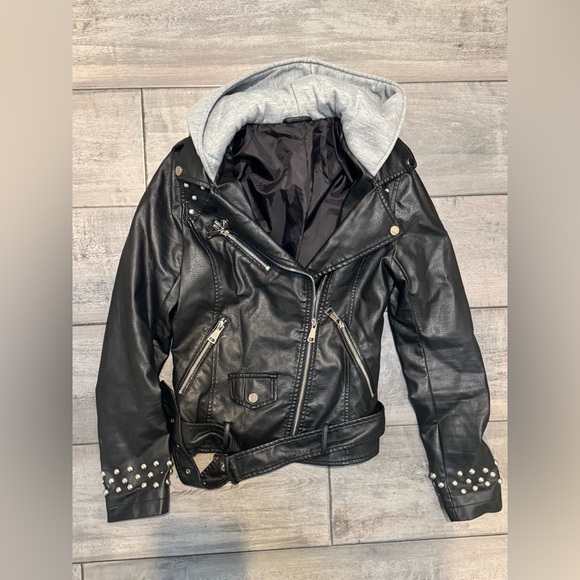 Faux Leather Biker Jacket with studs (with detachable hoodie). Size small. - Picture 1 of 8
